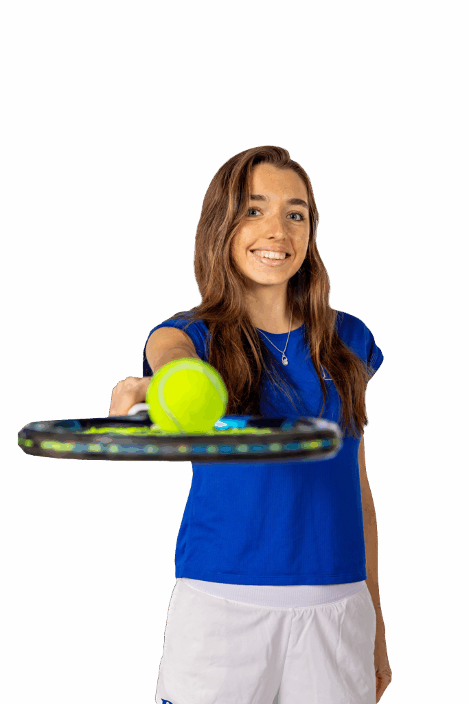 Eulàlia Pascual Biosca holding a tennis racket to the camera